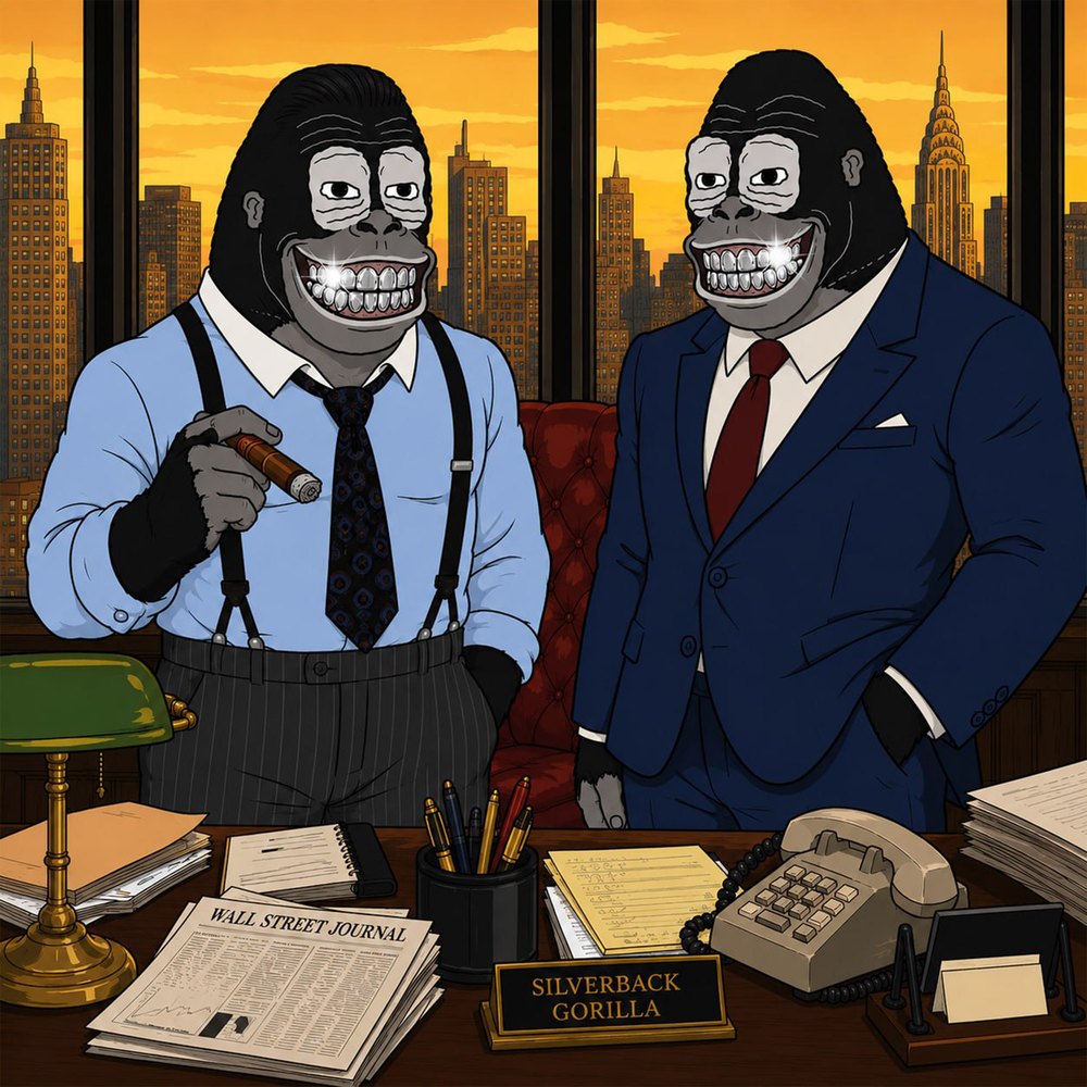 Two silver-toothed gorillas running a Wall Street office