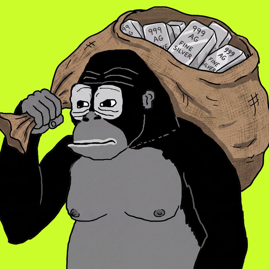 Gorilla carrying a sack of 999 fine silver bars