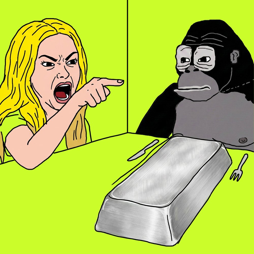 Gorilla sitting down to a silver bar while someone yells